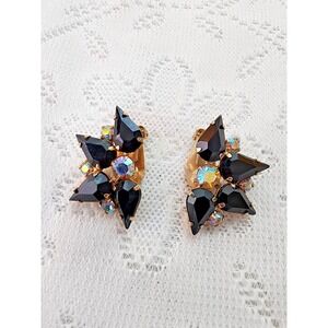 Vintage Starburst Earrings Mid Century Glam Aurora Borealis Rhinestone Clip On
